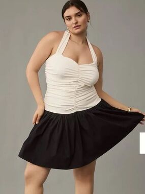 Anthropologie Plus Maeve Halter Ruched Twofer Cream & Black Mini Dress